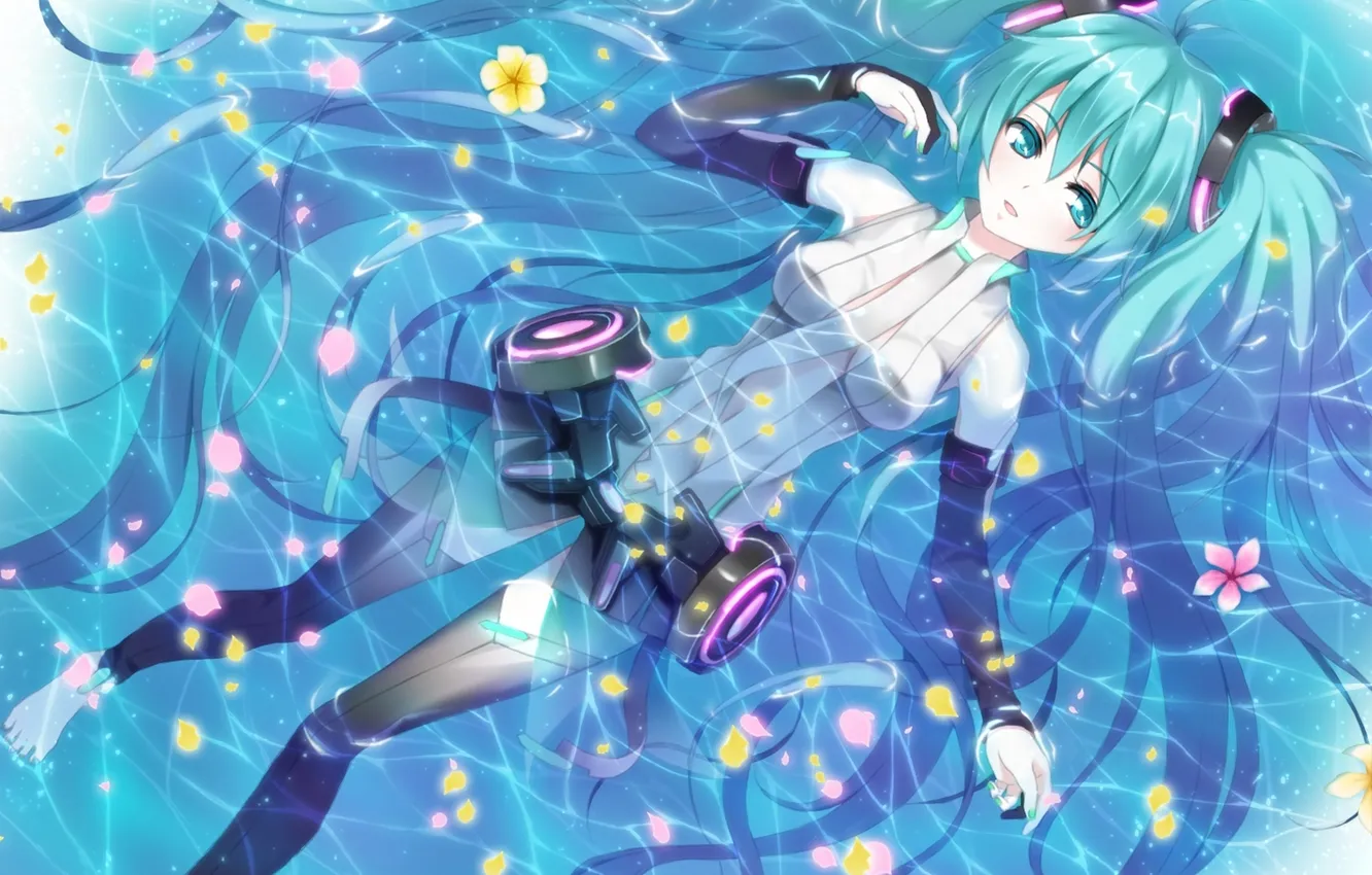 Photo wallpaper water, girl, flowers, petals, Sakura, art, vocaloid, hatsune miku