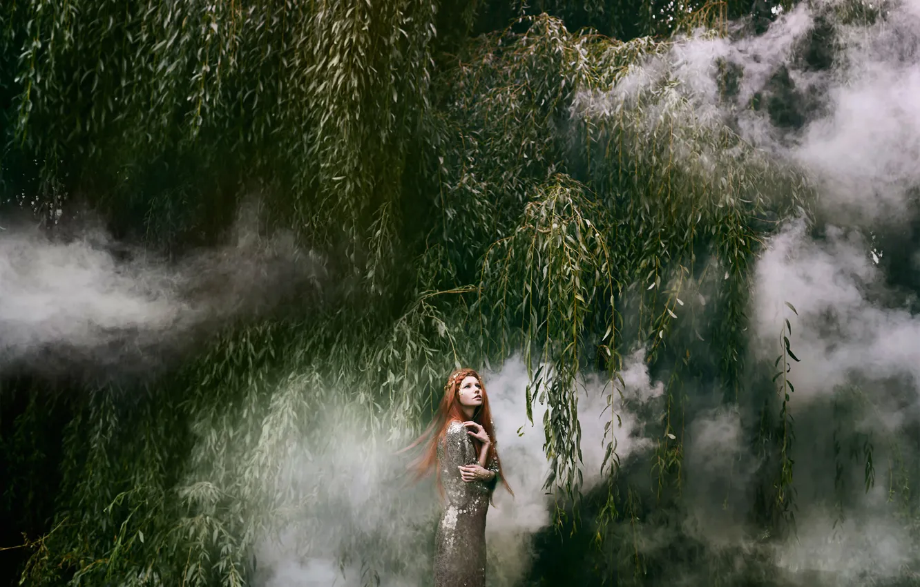 Photo wallpaper girl, trees, smoke, Bella Kotak, Internal flight