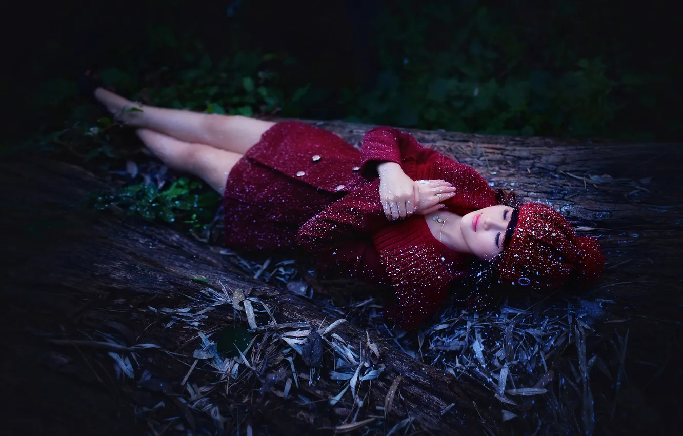 Photo wallpaper forest, girl, snow