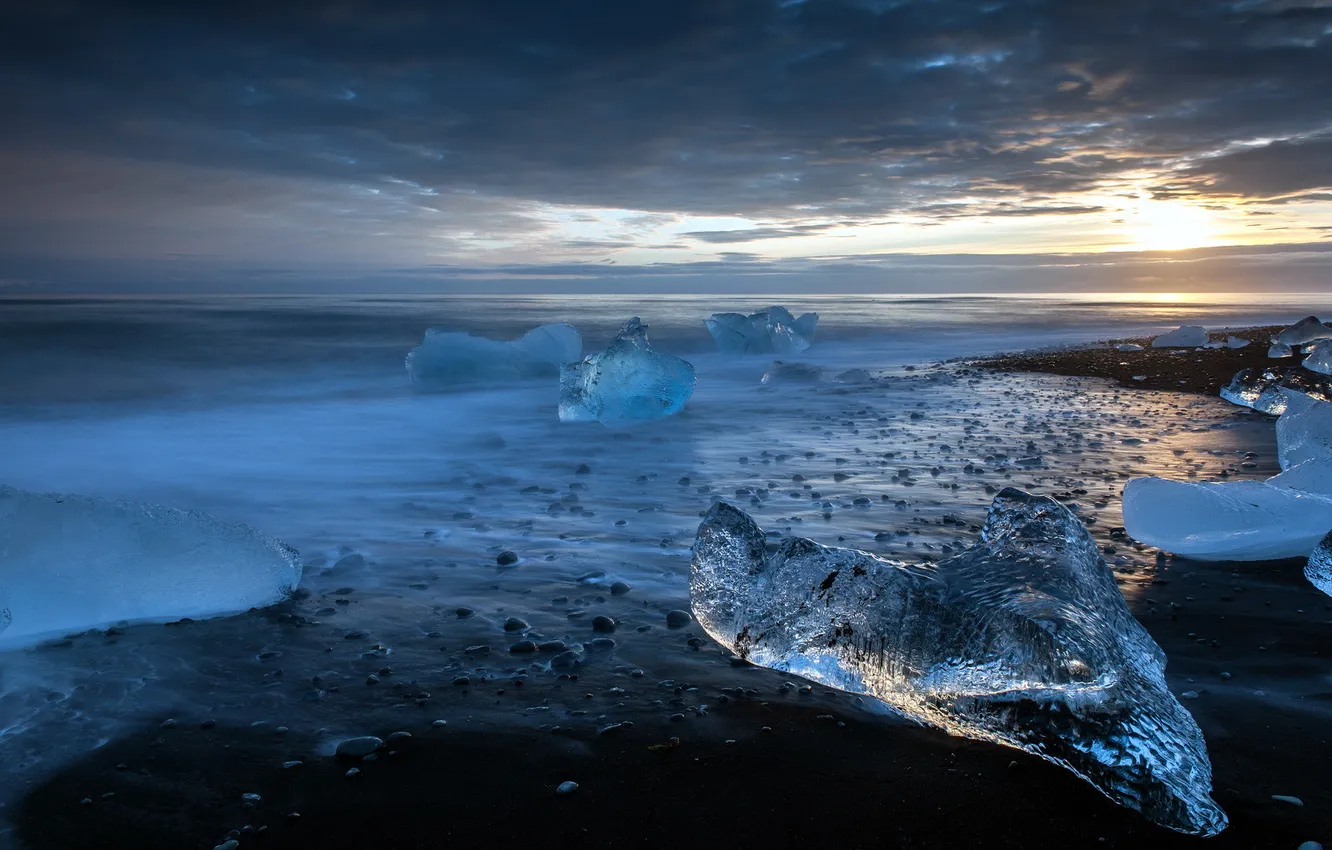 Photo wallpaper ice, sea, sunset