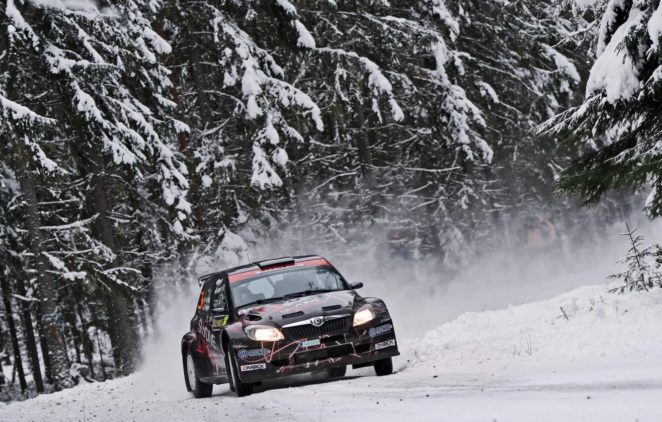 Photo wallpaper winter, forest, snow, race, lights, WRC, S2000, Rally