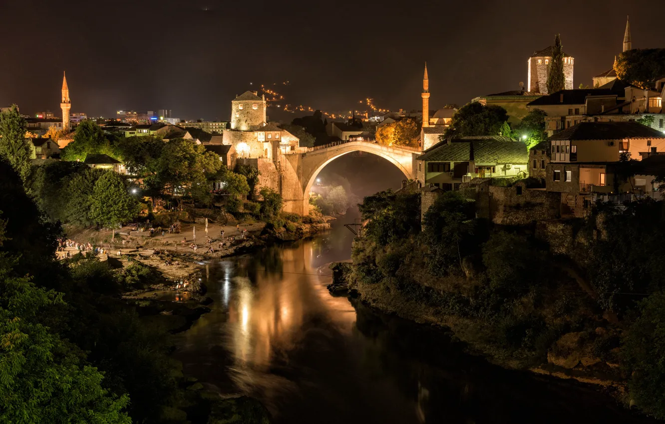 Photo wallpaper night, bridge, the city, river, building, home, Bosnia and Herzegovina, Mostar