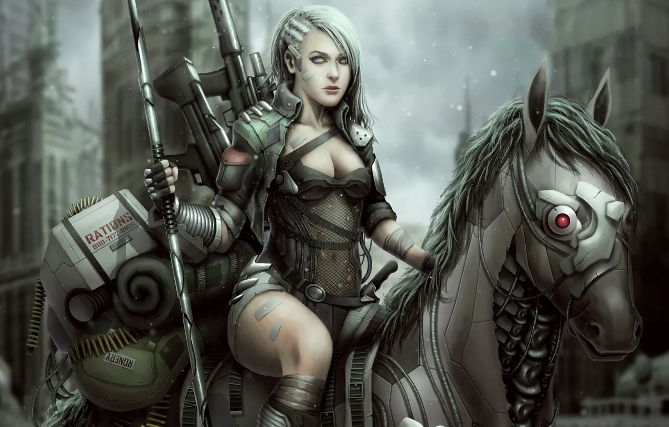 Photo wallpaper girl, weapons, horse, horse, machine, cartridges