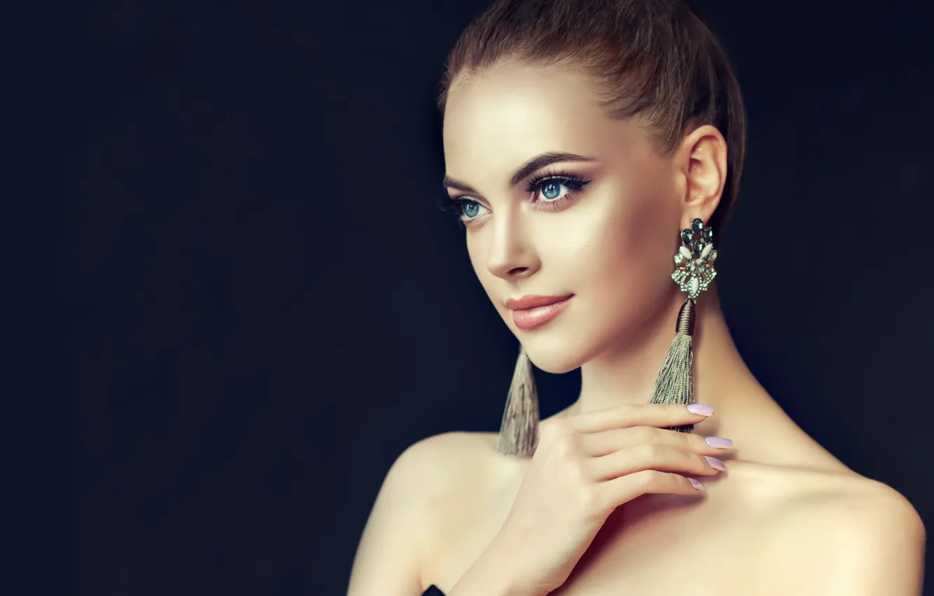 Photo wallpaper look, girl, face, portrait, beauty, earrings, makeup, hairstyle