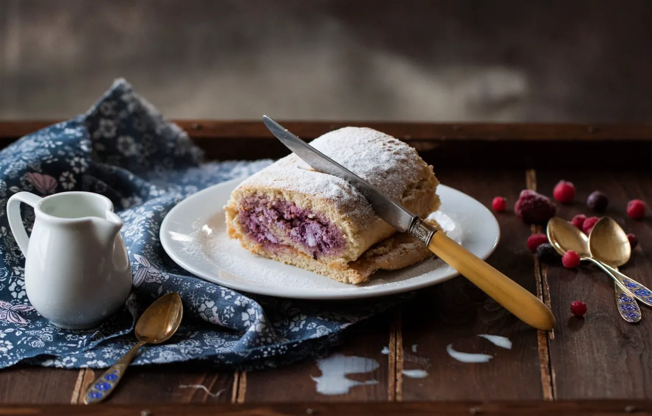 Photo wallpaper berries, raspberry, Board, food, plate, spoon, knife, dessert