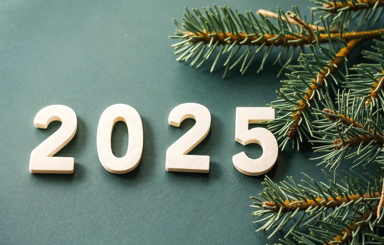 Photo wallpaper branches, new year, figures, white, needles, green background, date, spruce
