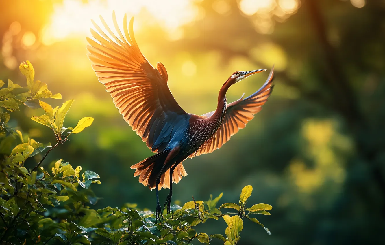 Photo wallpaper look, leaves, light, flight, branches, nature, bird, morning