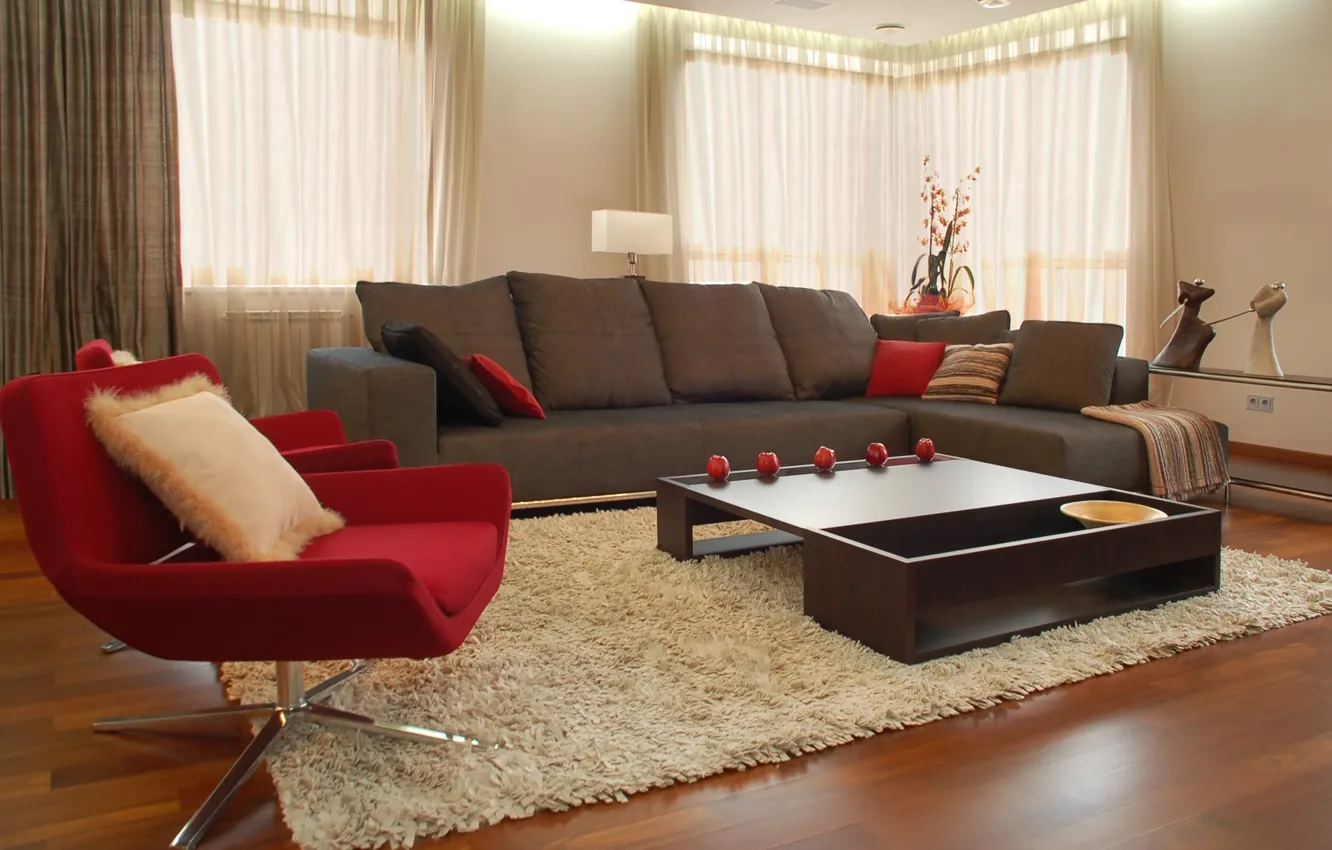 Photo wallpaper design, style, room, sofa, red, carpet, apples, furniture