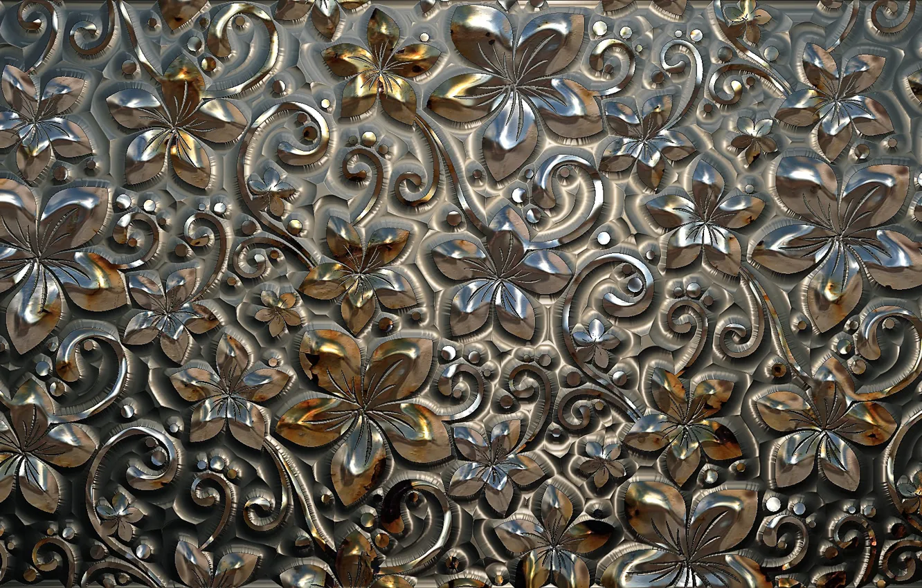 Photo wallpaper flowers, chasing, relief, metal, Shine, background, texture, ornament