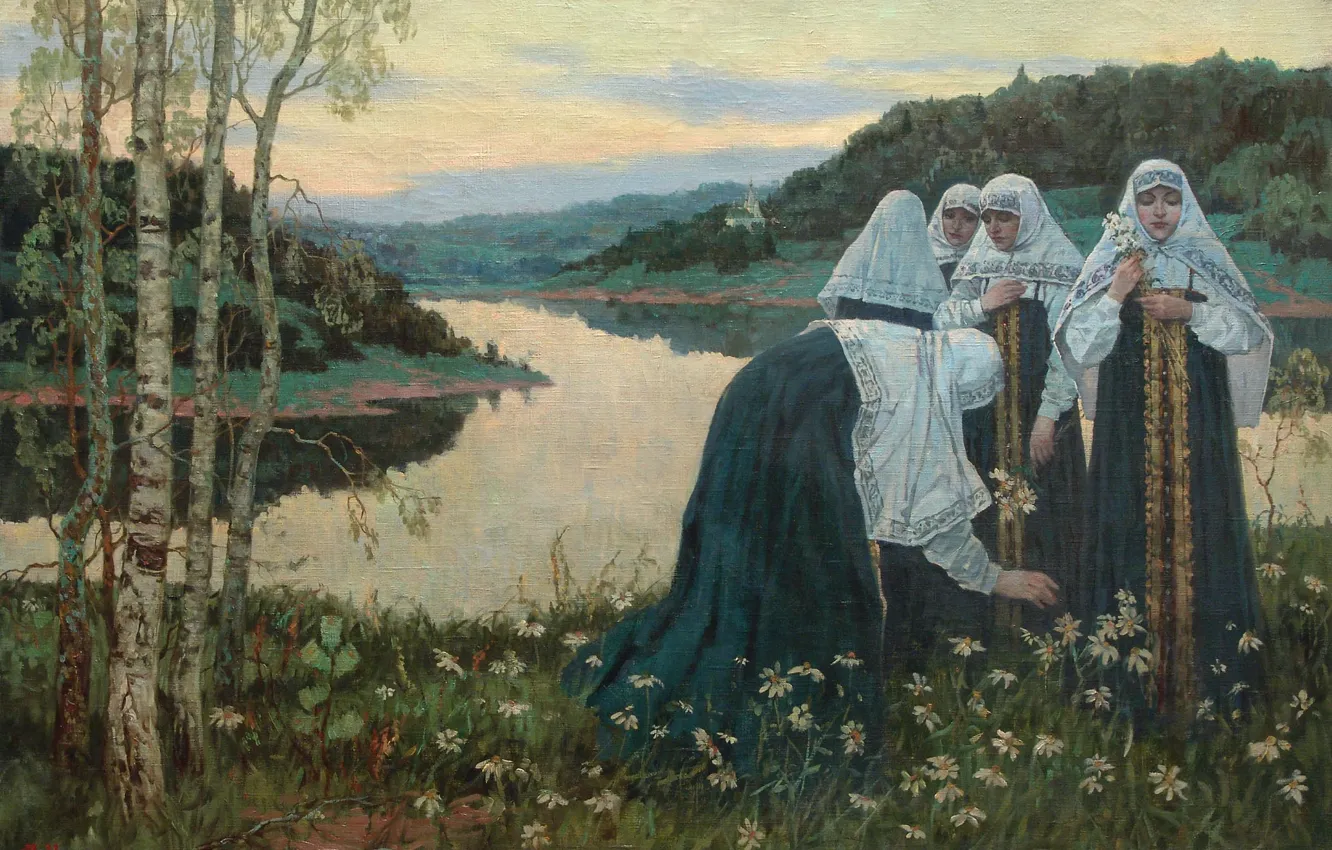 Photo wallpaper lake, oil, chamomile, Canvas, The girls on the beach, Mikhail NESTEROV