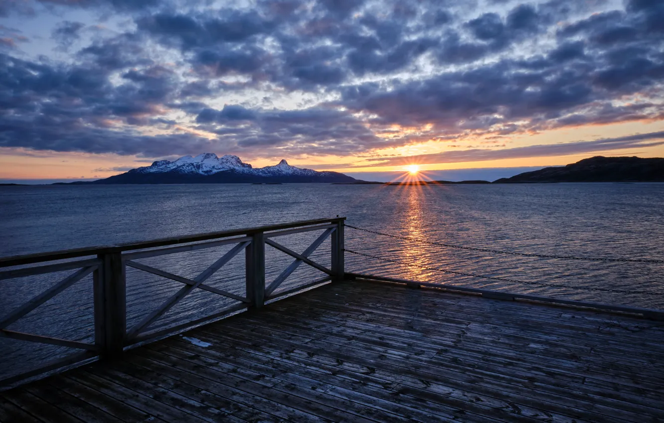 Photo wallpaper sea, clouds, sunset, mountains, pier, Norway