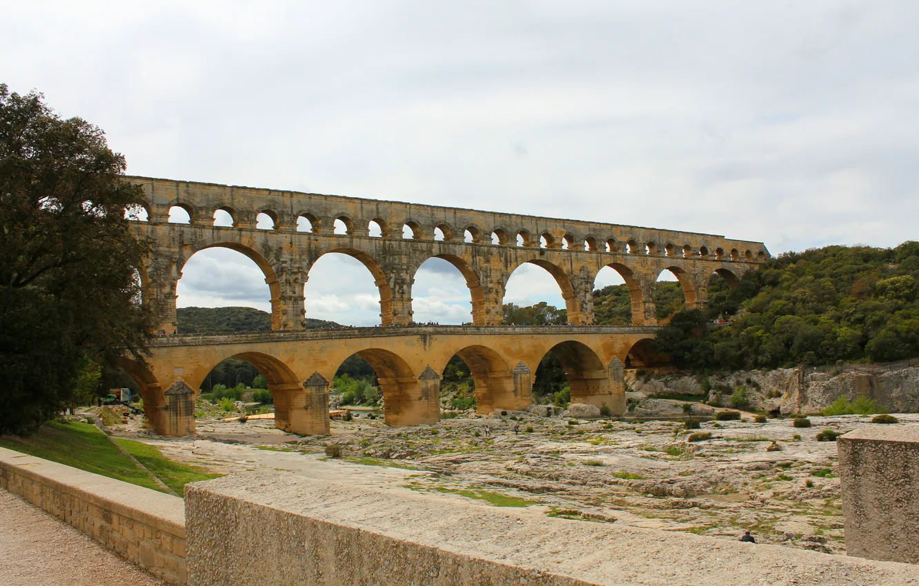 Photo wallpaper the sky, trees, bridge, river, arch, aqueduct