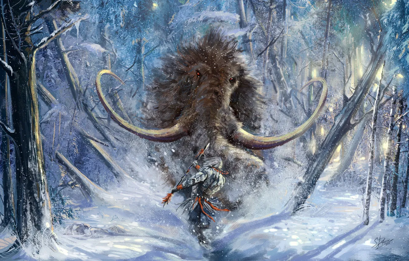 Photo wallpaper winter, forest, snow, weapons, fiction, attack, warrior, fantasy