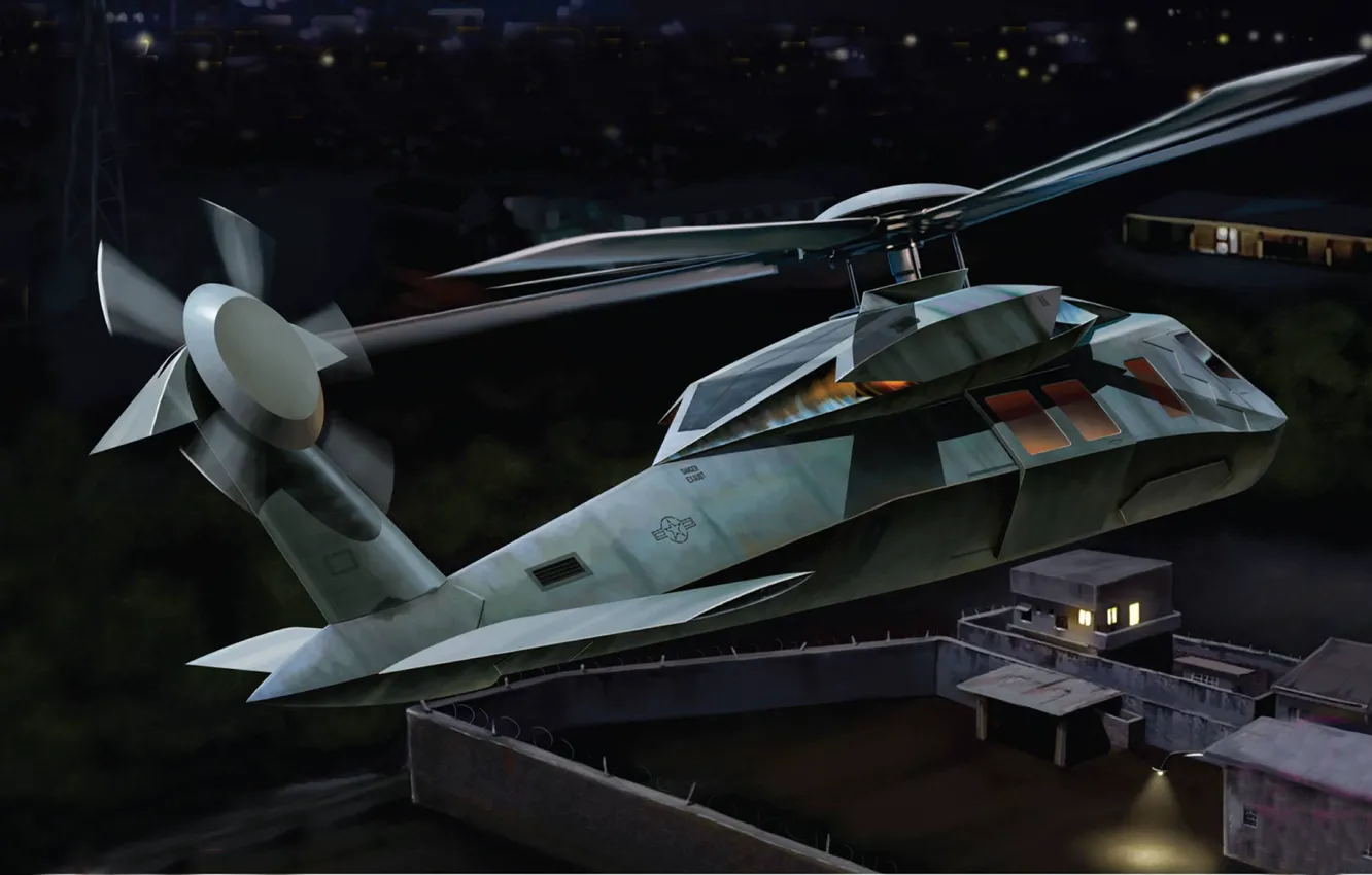 Photo wallpaper night, figure, art, helicopter, operation, Black, Hawk, operation geronimo