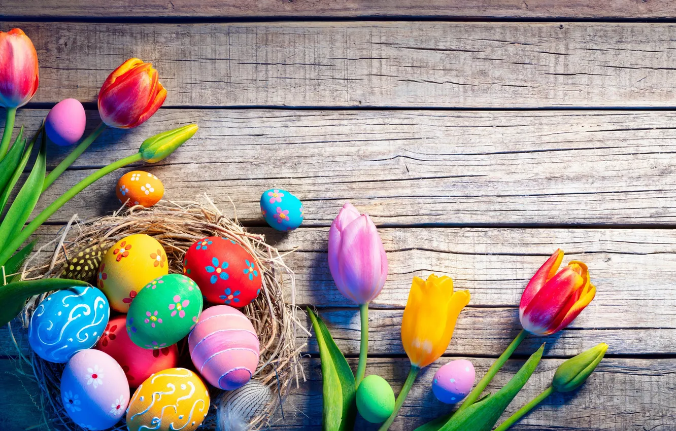 Photo wallpaper flowers, eggs, spring, colorful, Easter, wood, flowers, tulips
