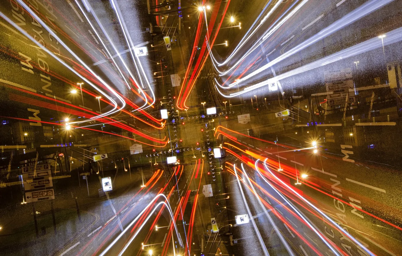 Photo wallpaper rays, lights, street, symmetry, track