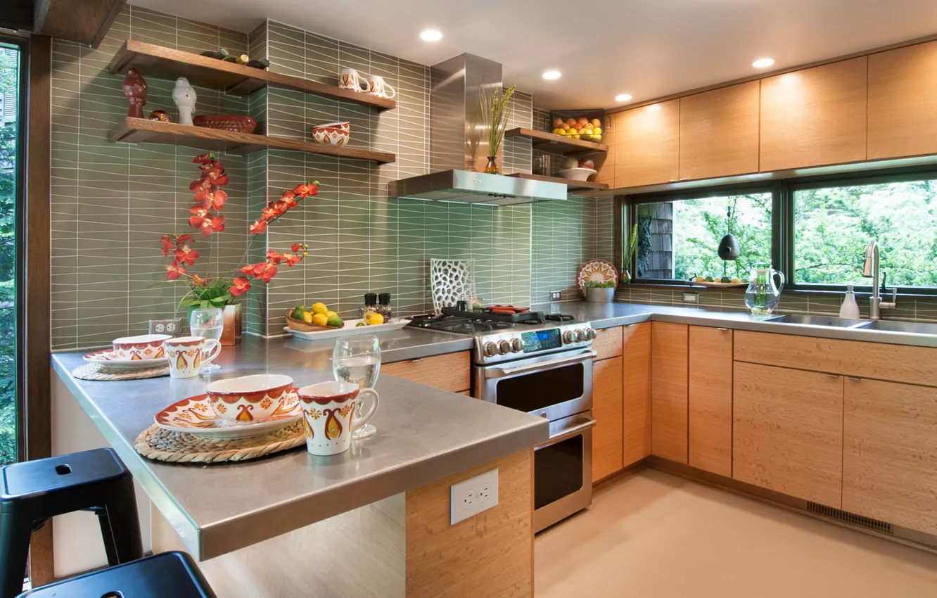 Photo wallpaper design, style, interior, kitchen, retro style, dining room, kitchen, Mid-Century Modern