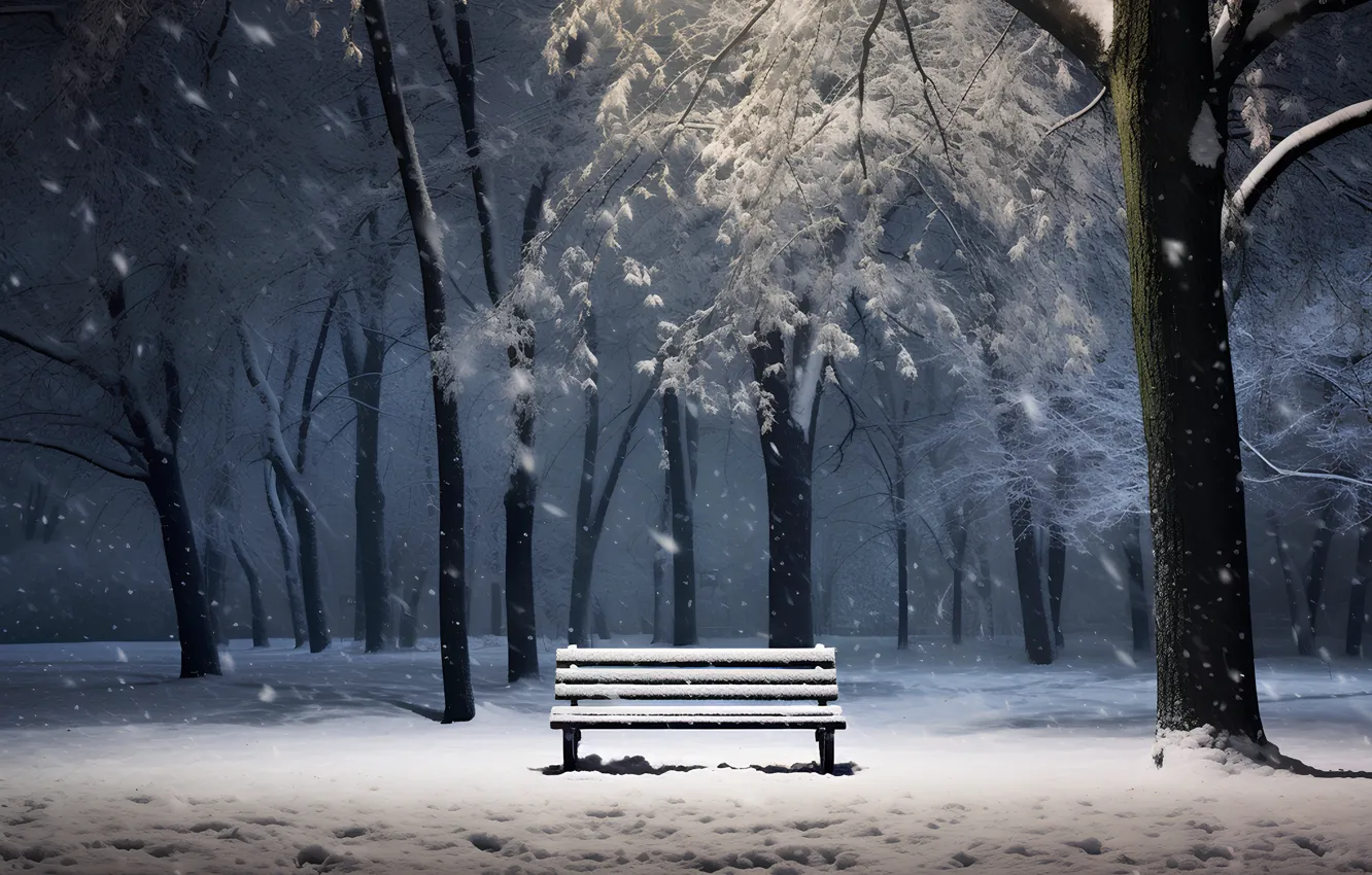 Photo wallpaper winter, snow, trees, bench, night, Park, street, trees