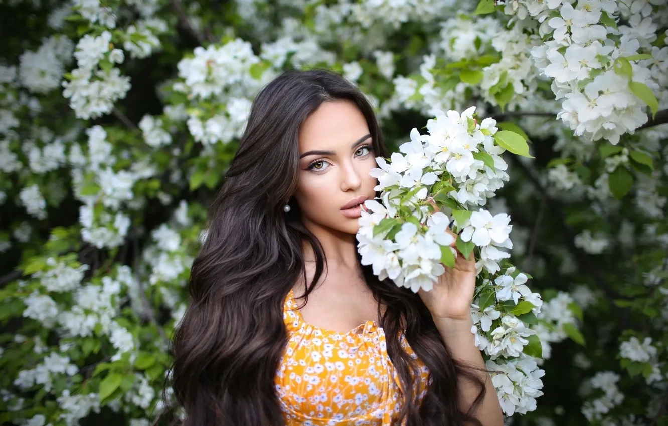Photo wallpaper look, girl, nature, model, dress, brunette, long hair, Ruslan Duke