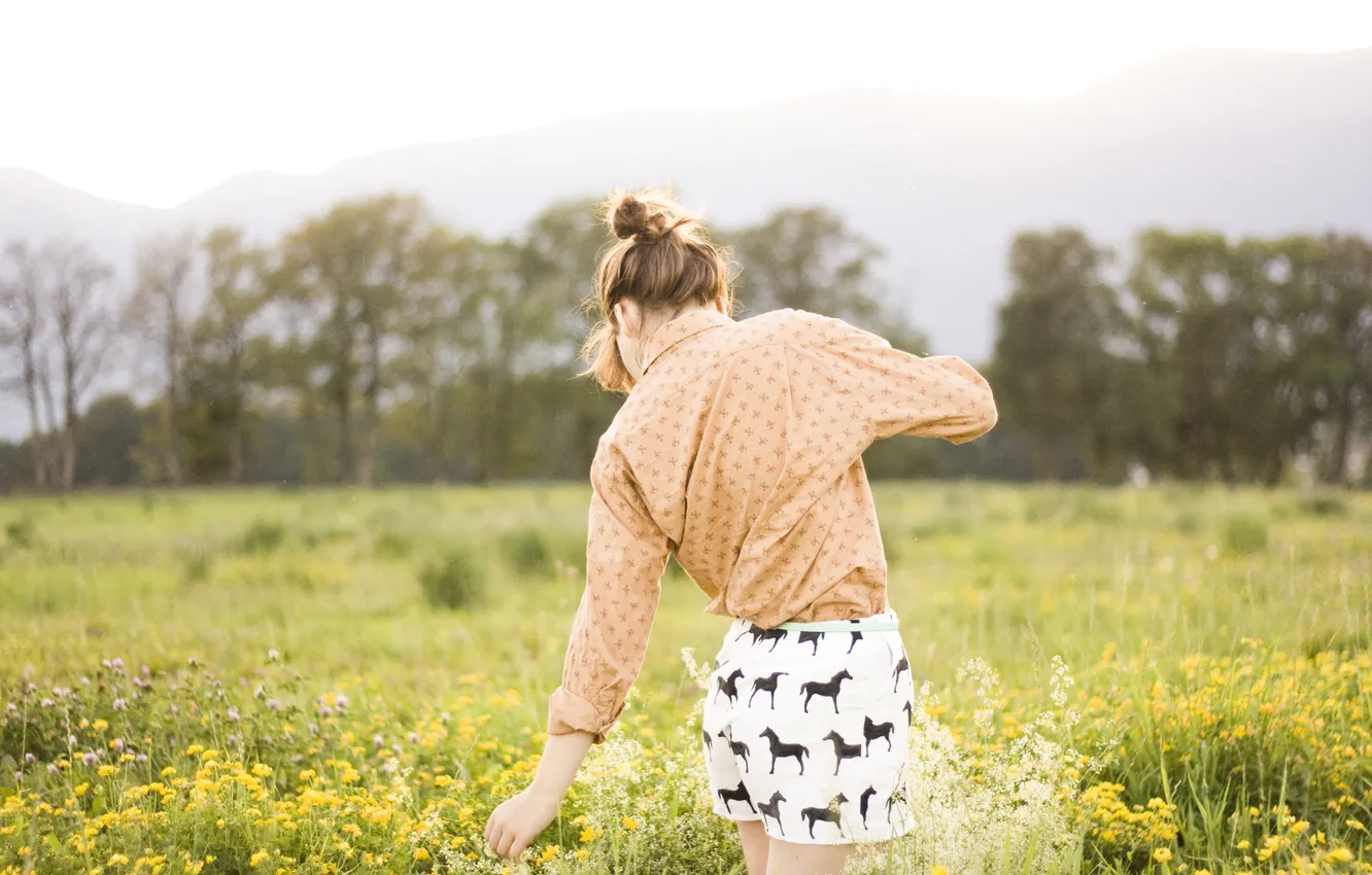 Photo wallpaper field, grass, girl, flowers, horse, shorts, shirt