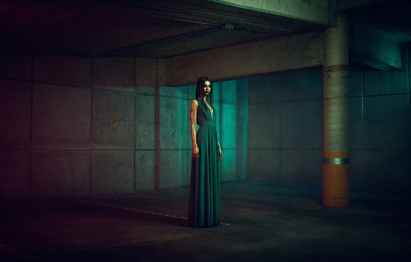 Photo wallpaper red, girl, dress, blue, view, color, Kynue Lugo