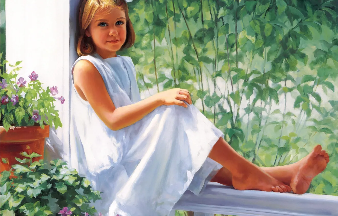Photo wallpaper flowers, girl, painting, sitting, Sitting Pretty, Laurie Snow Hein, Pretty