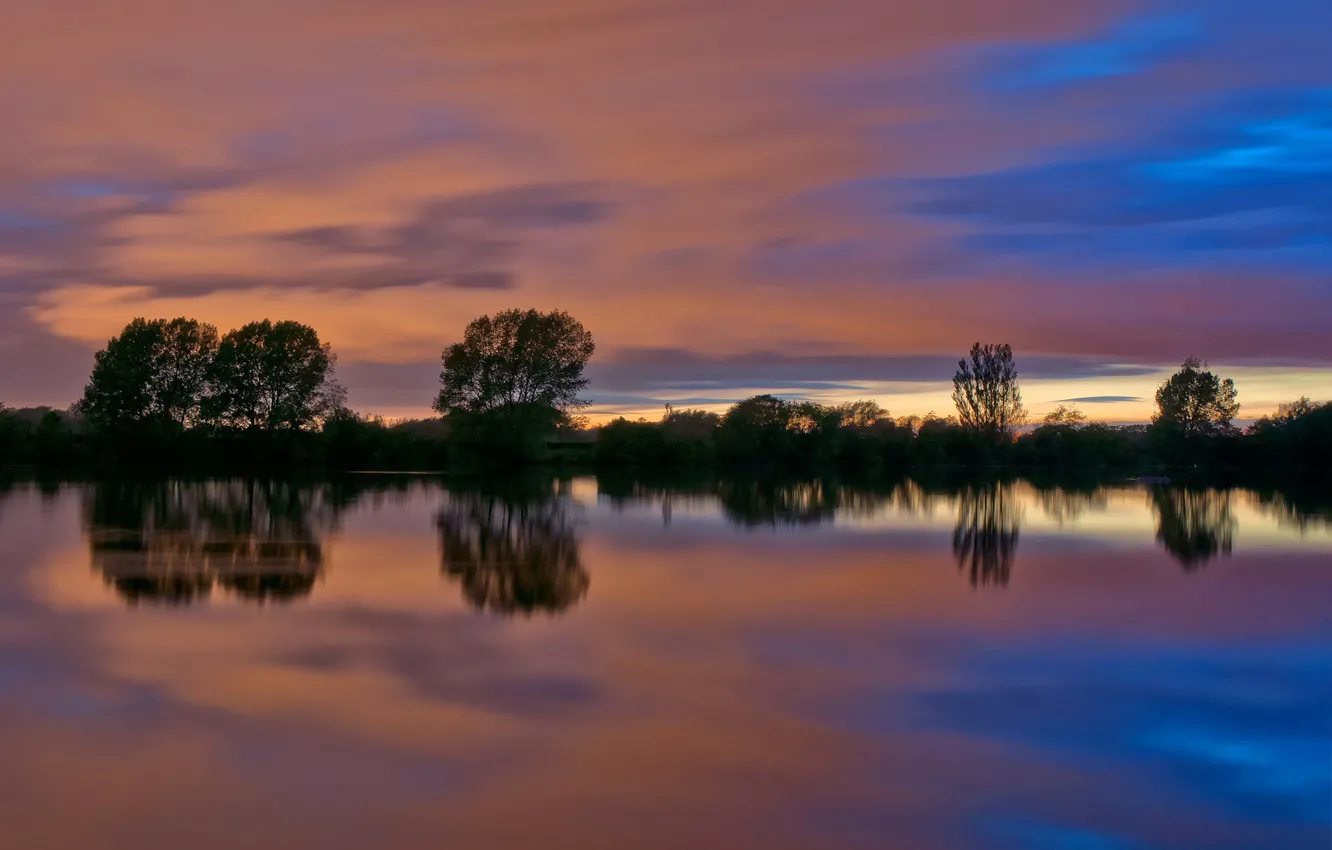 Photo wallpaper clouds, trees, lake, England, silhouette, glow, , Said the most likely unfair