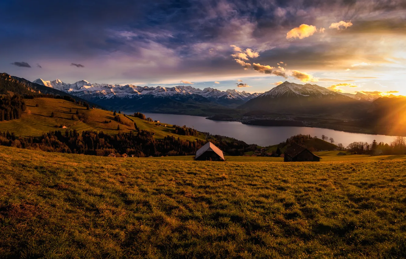 Photo wallpaper mountains, slope, Alps, house, pond