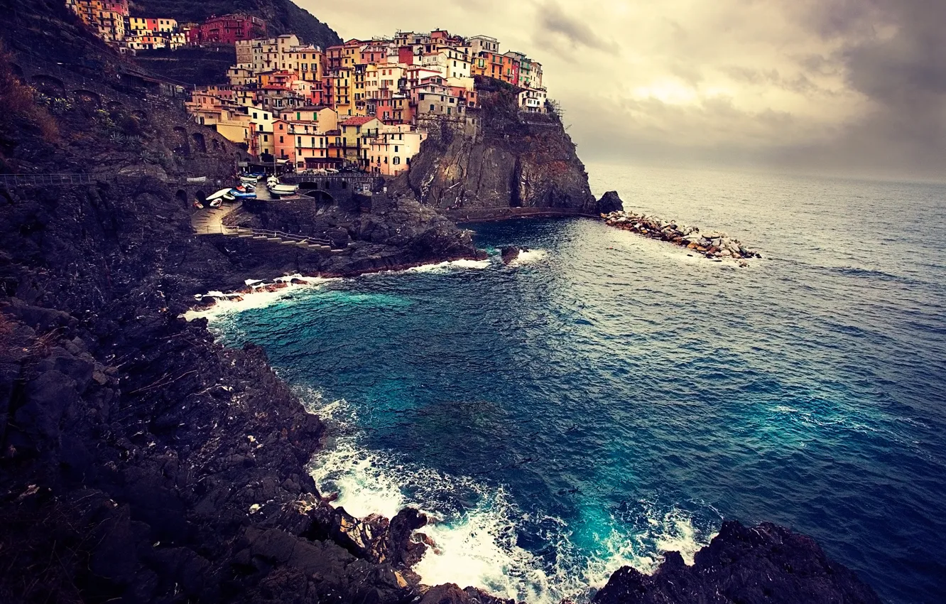 Photo wallpaper sea, landscape, rocks, coast, home, Italy, Italy, Manarola