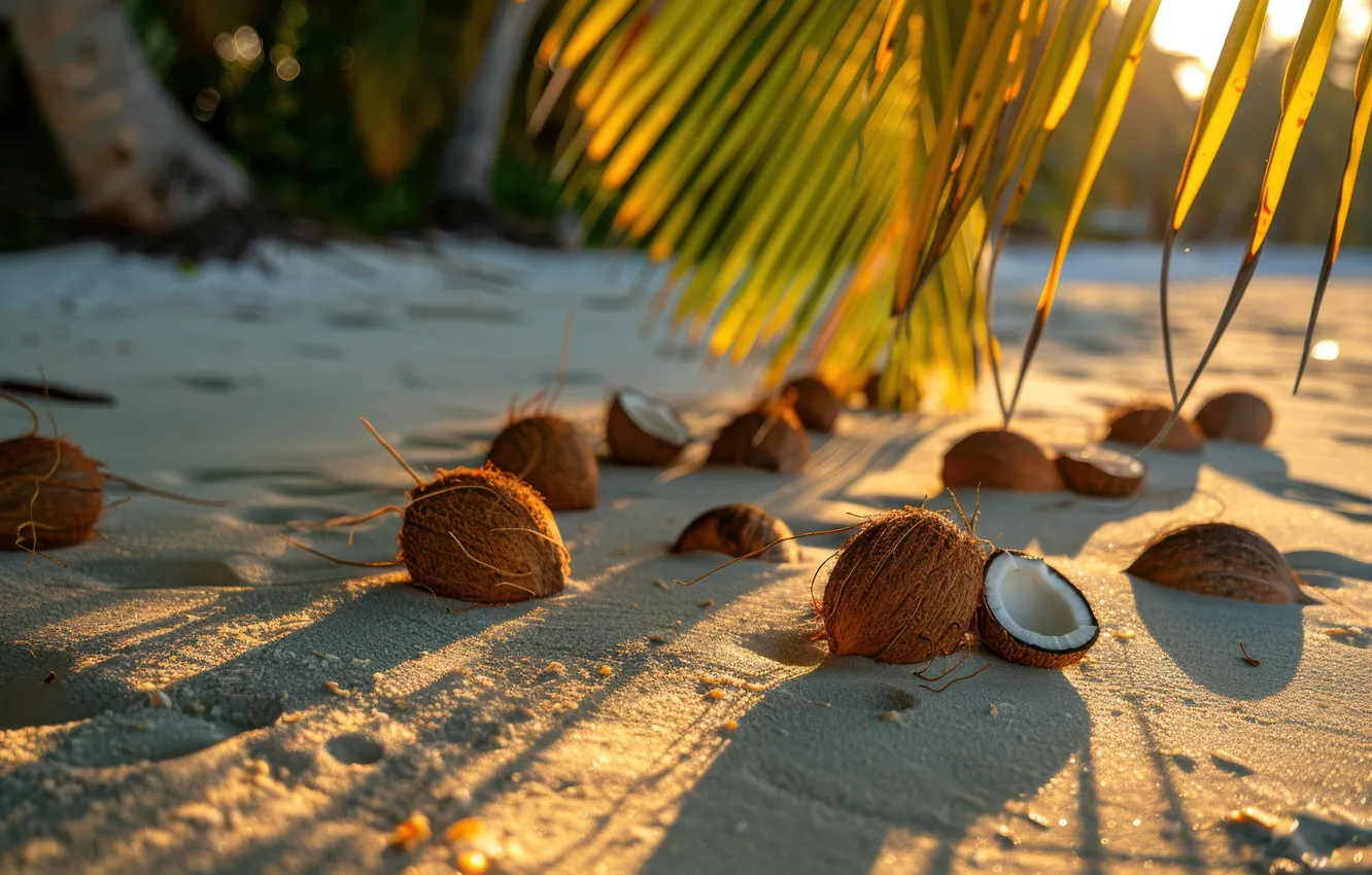 Photo wallpaper sand, sea, beach, the sky, leaves, light, tropics, blue