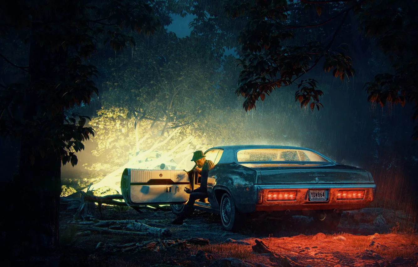 Photo wallpaper forest, night, rain, car, No passage