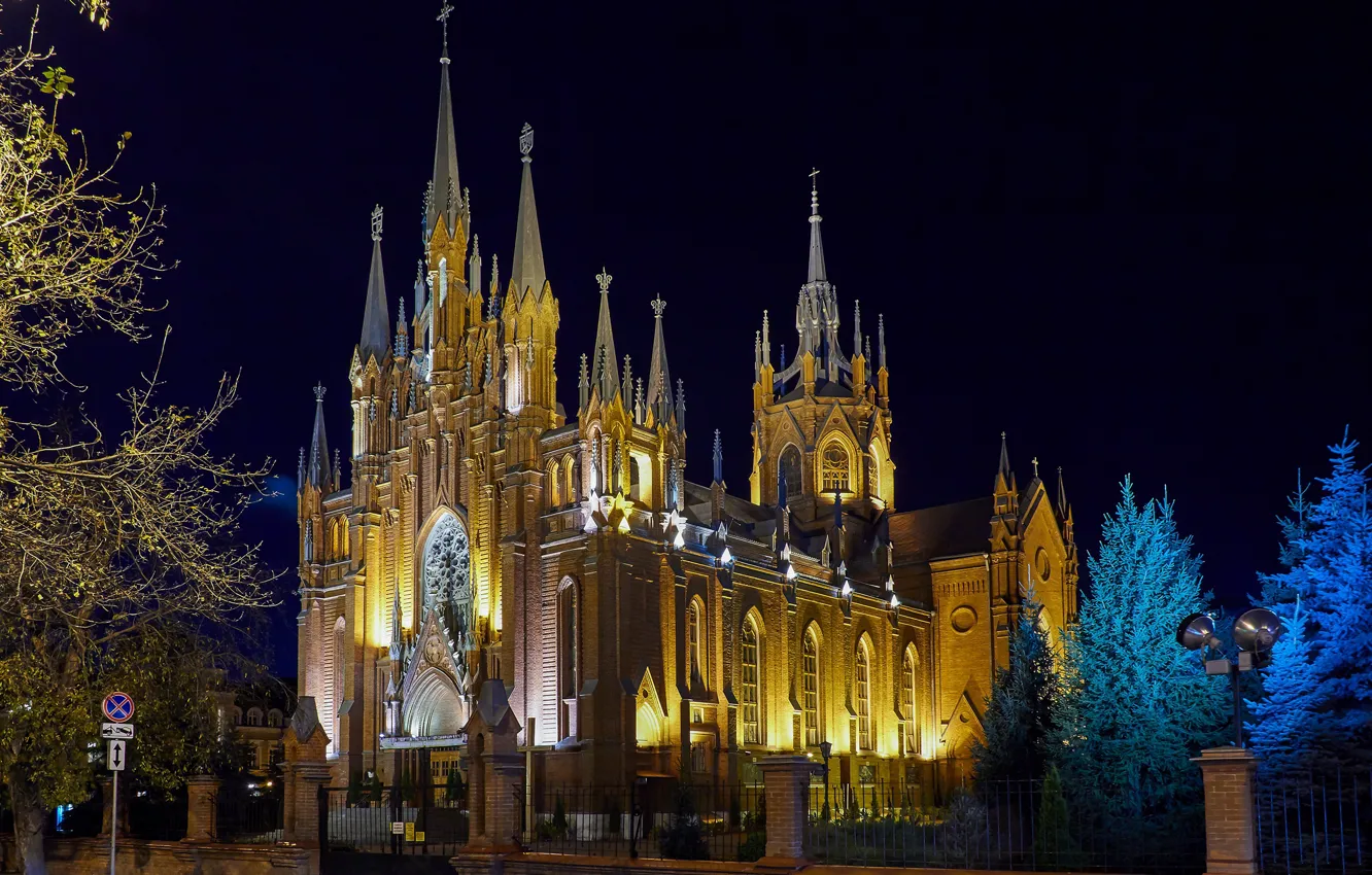 Photo wallpaper trees, night, lights, street, the fence, ate, Moscow, Cathedral