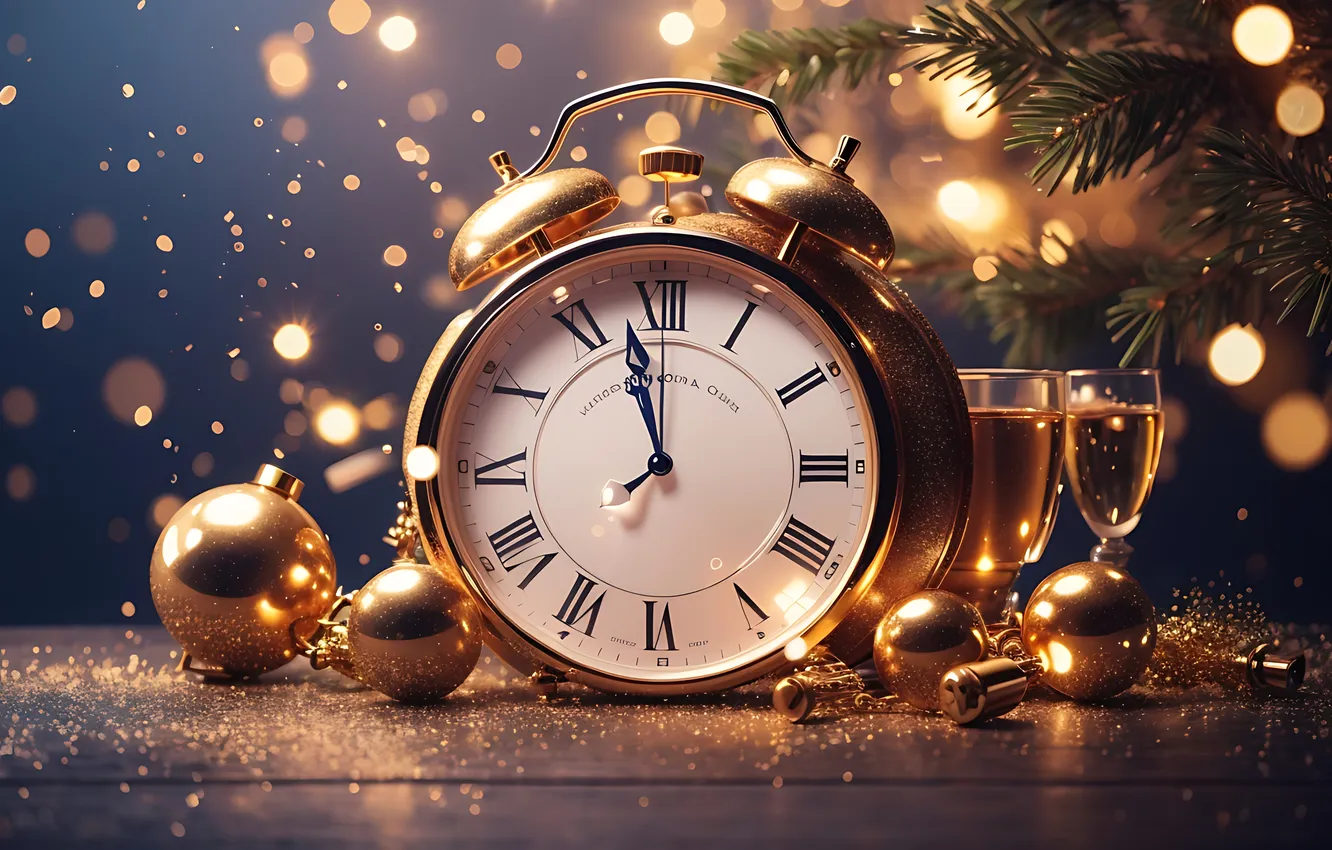 Photo wallpaper decoration, balls, watch, tree, new year, Christmas, golden, Christmas