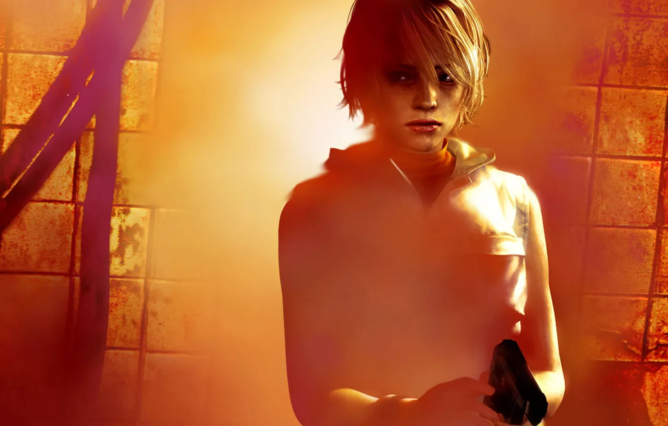 Photo wallpaper girl, orange, gun, tile, tile, blonde, horror, looks