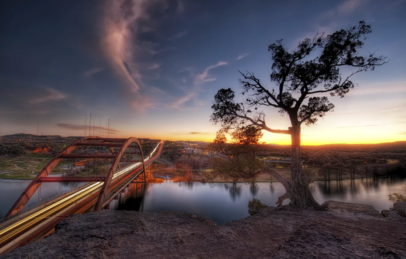 Photo wallpaper sunset, bridge, river, Sunset, Austin