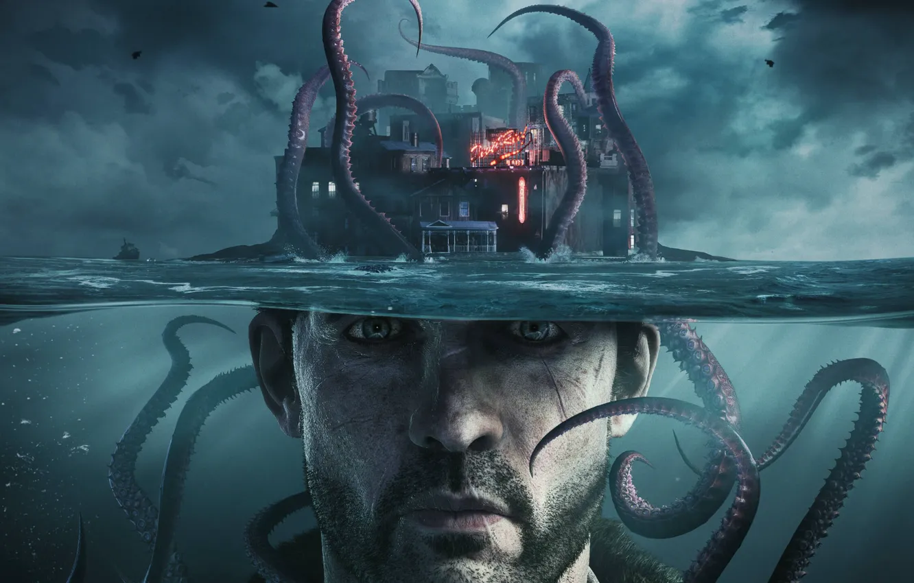 Photo wallpaper city, game, sea, man, tentacles, 2019, H.P Lovecraft, Chtulhu