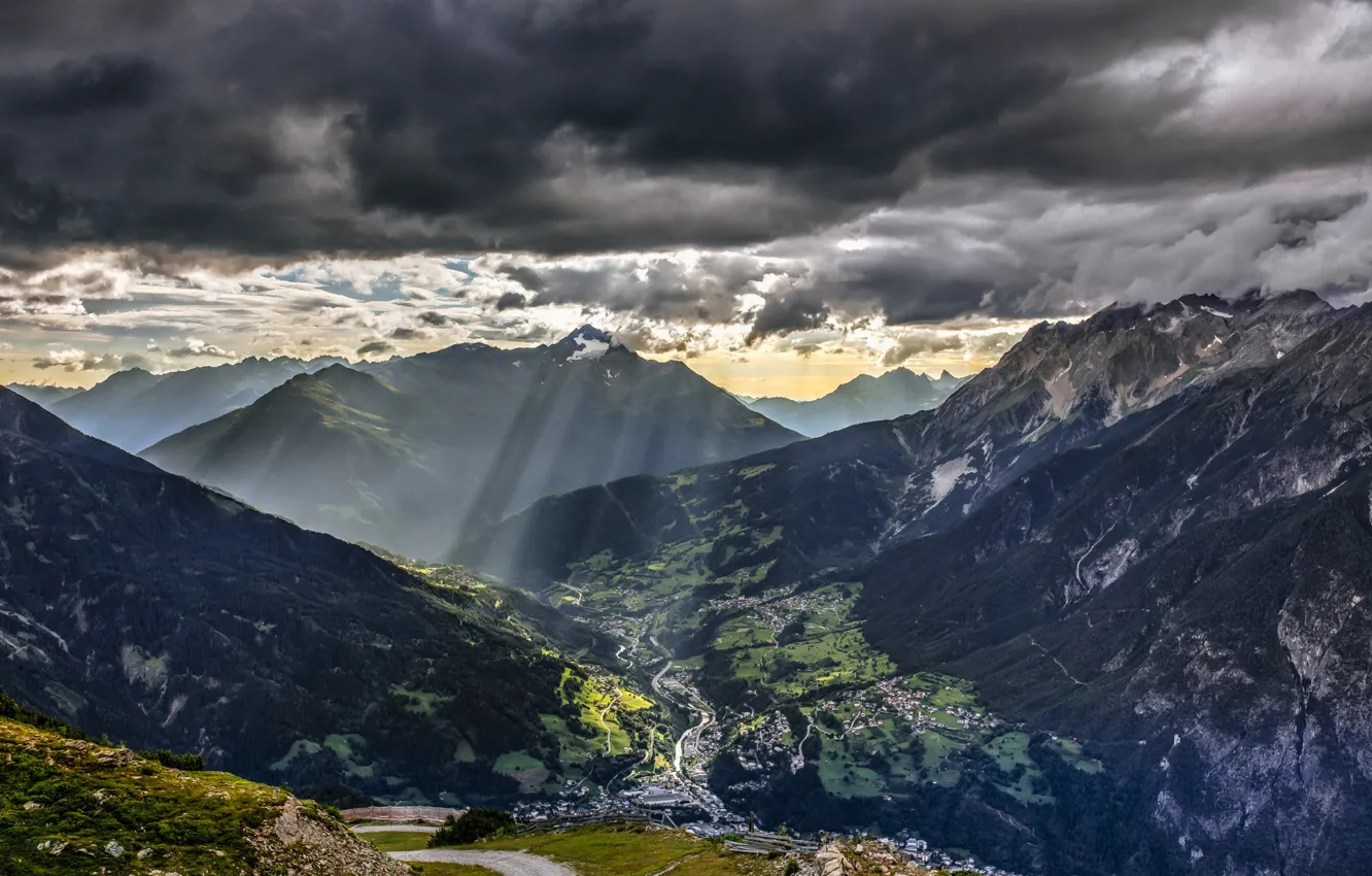 Photo wallpaper road, the sky, the sun, clouds, rays, landscape, sunset, mountains