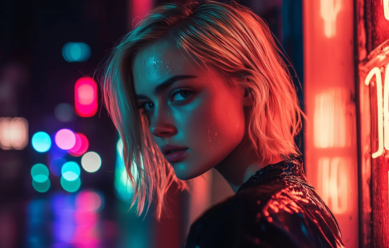 Photo wallpaper girl, night, face, neon, night, Neon, women, face