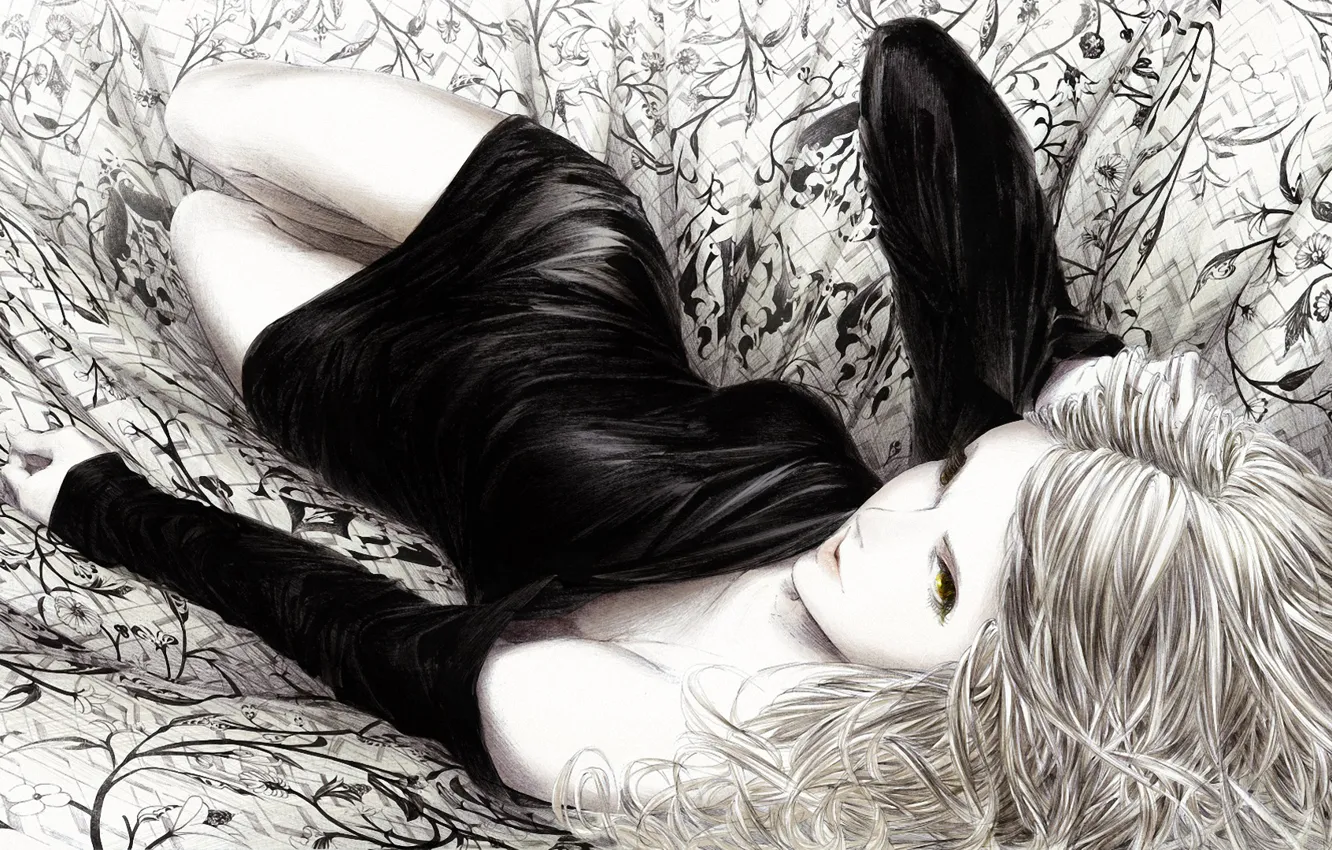 Photo wallpaper girl, figure, dress, art, fabric, black and white, lying, monochrome