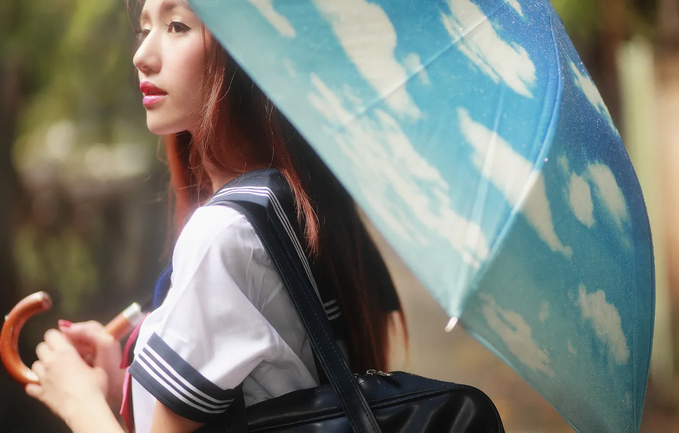 Photo wallpaper summer, girl, face, umbrella