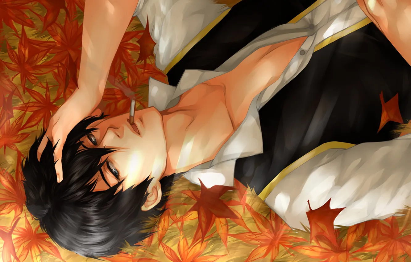 Photo wallpaper leaves, cigarette, lies, male, form, maple, gintama, Shinsengumi