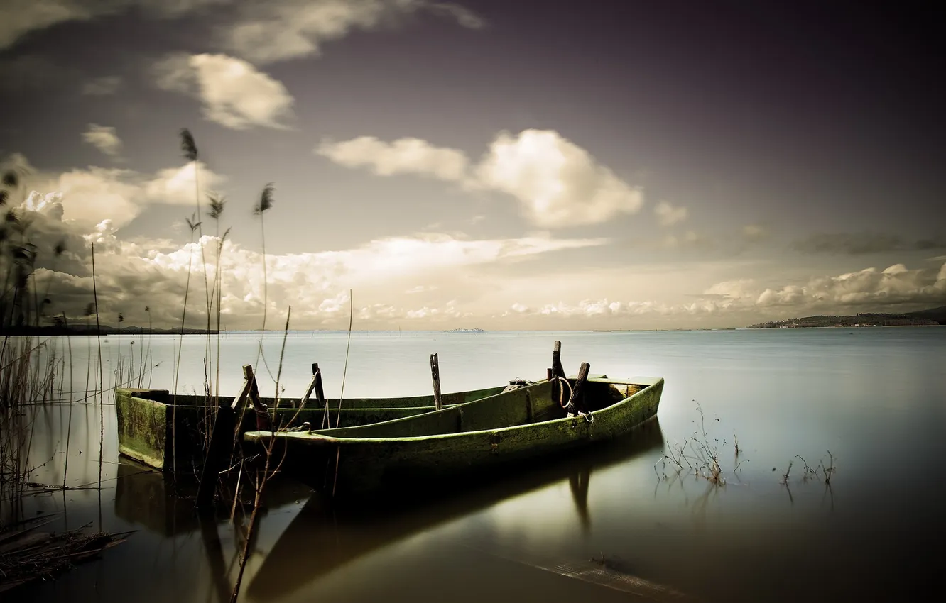 Photo wallpaper landscape, lake, boat