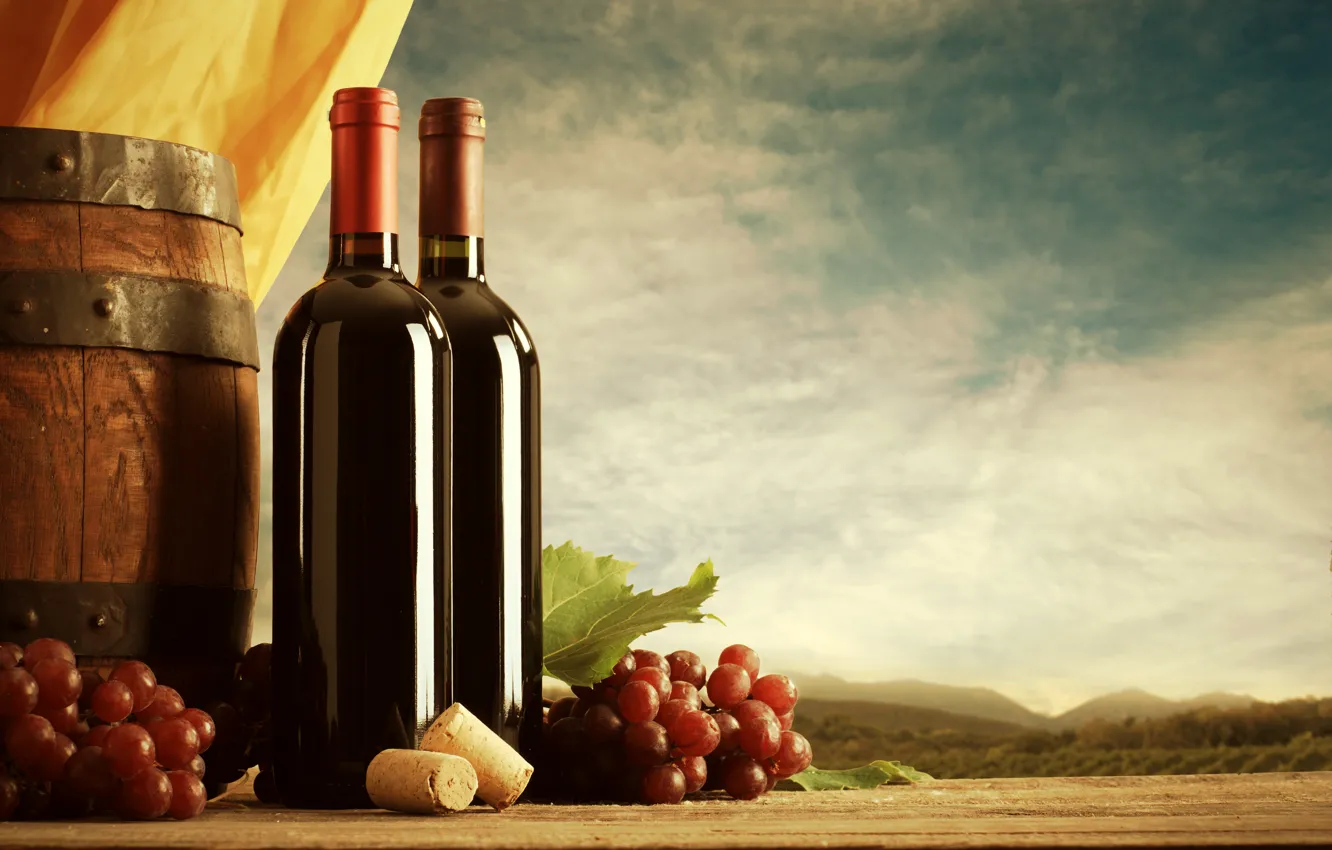 Photo wallpaper the sky, clouds, landscape, wine, bottle, grapes, tube, barrel