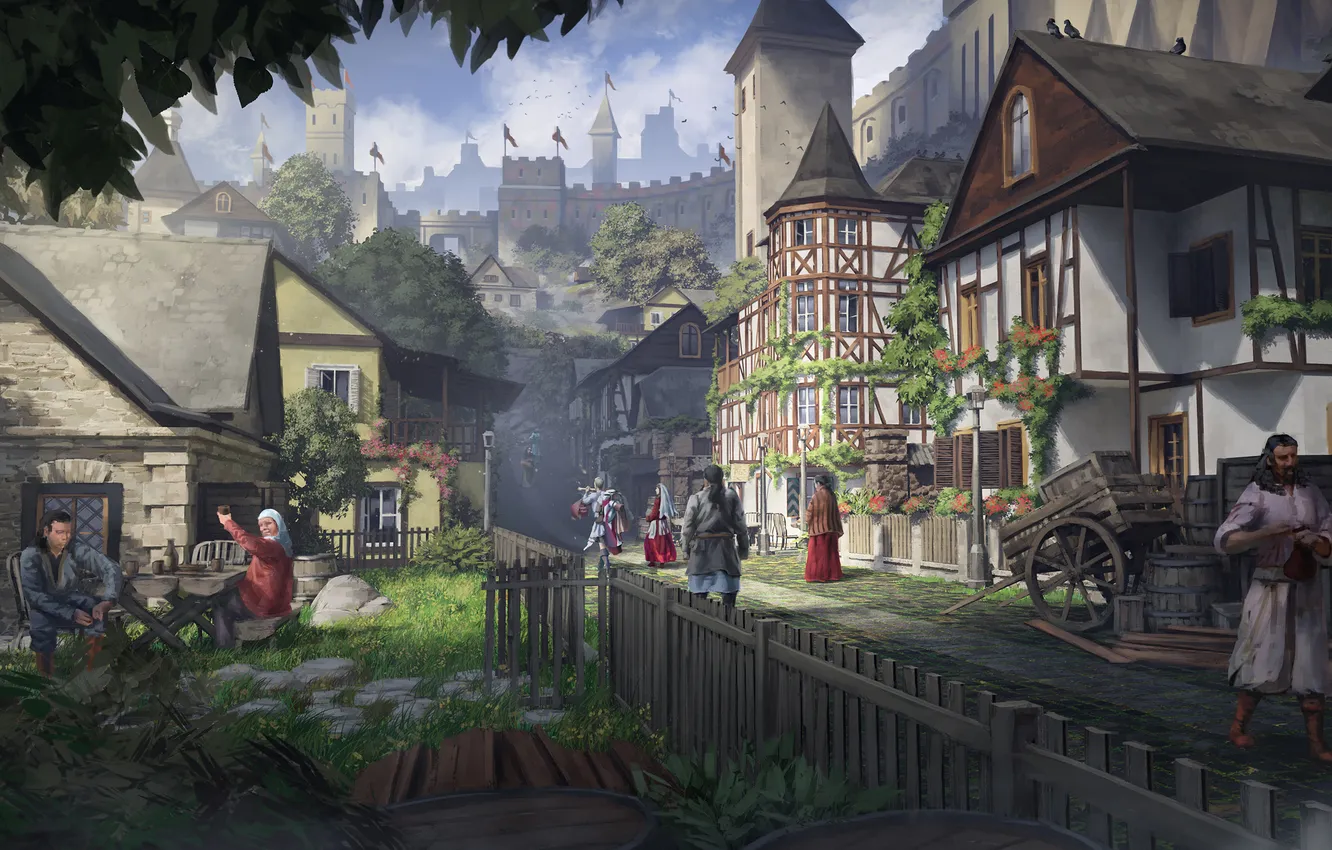 Photo wallpaper house, fantasy, street, people, village, castle, artwork, architecture