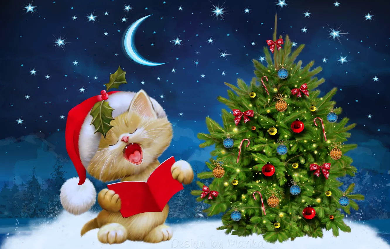 Photo wallpaper winter, stars, snow, night, kitty, the moon, tree, New Year