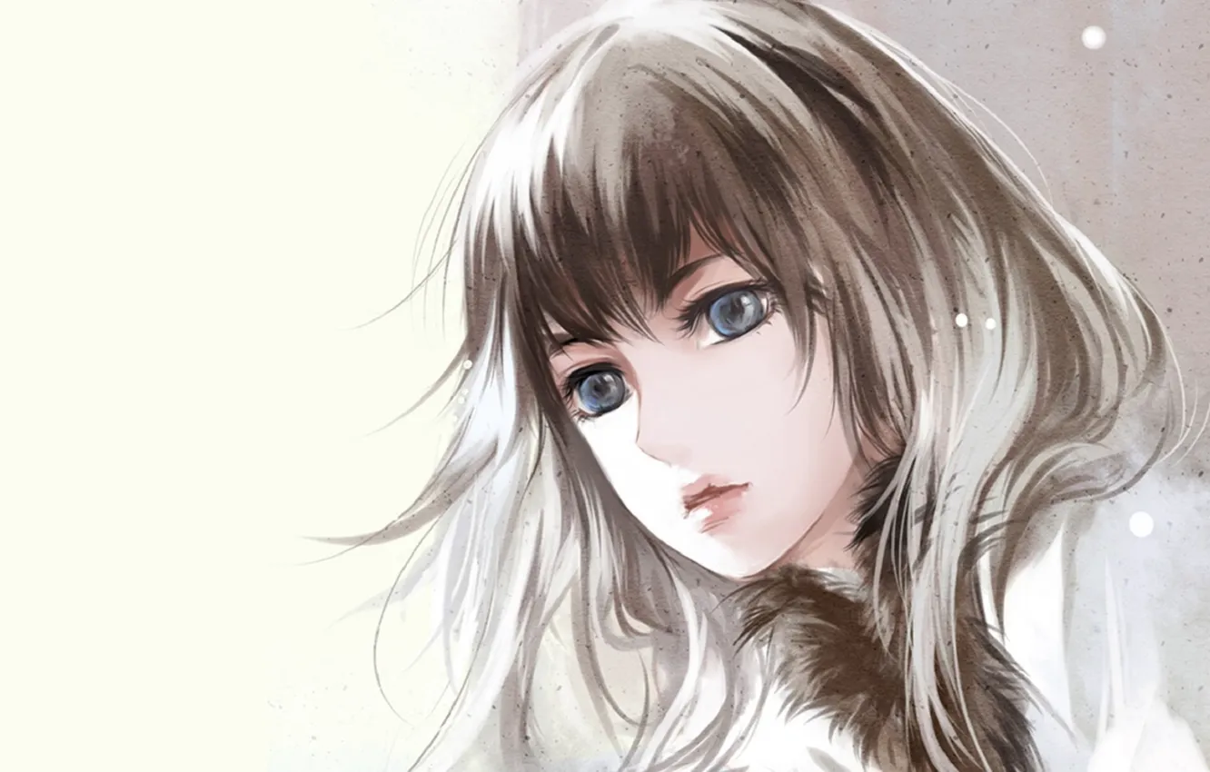 Photo wallpaper face, portrait, girl, fur, blue eyes, bangs