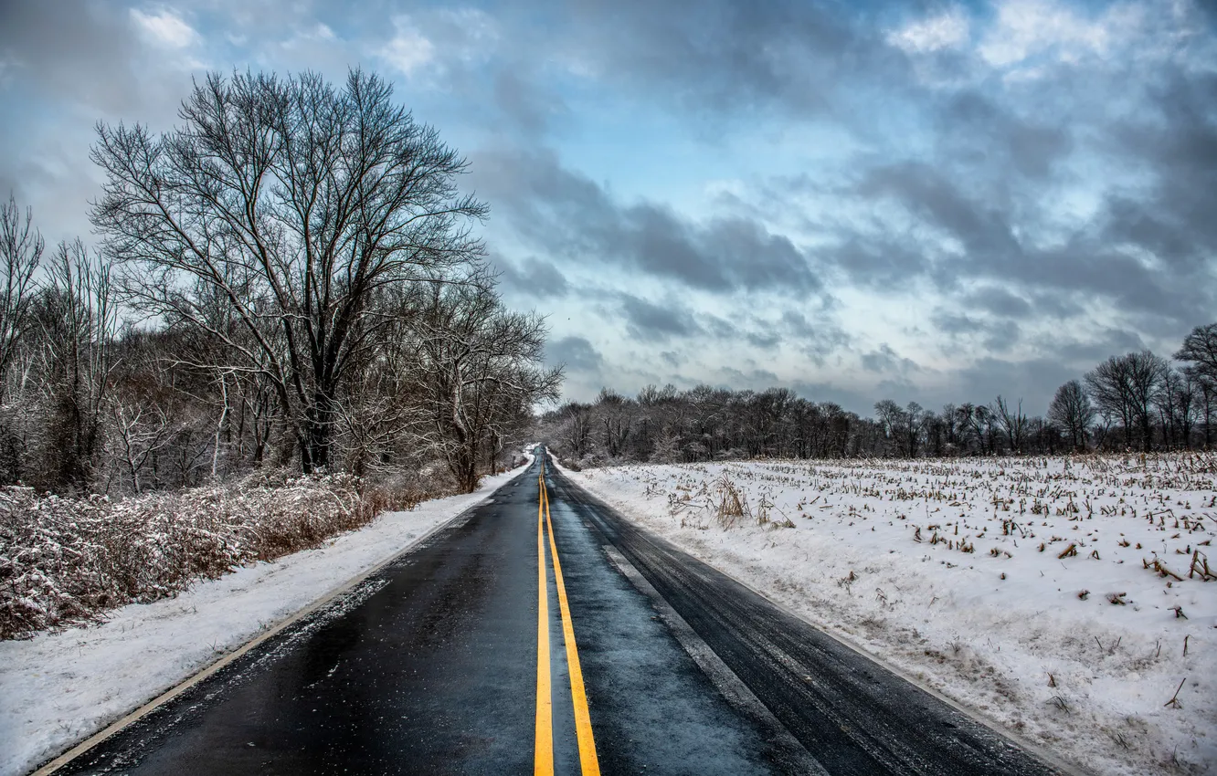 Photo wallpaper winter, road, field