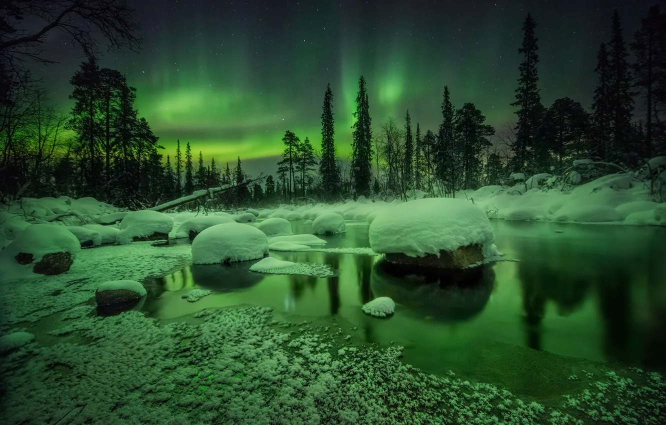 Photo wallpaper winter, snow, trees, landscape, night, nature, river, Northern lights