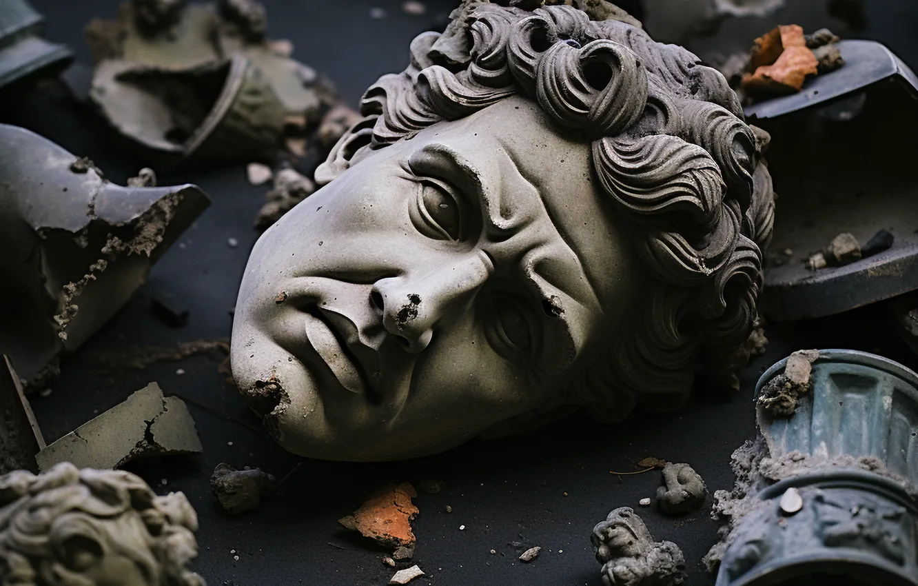 Photo wallpaper head, sculpture, bust, broken, digital art, AI art, The Art of Artificial Intelligence, Greek bust