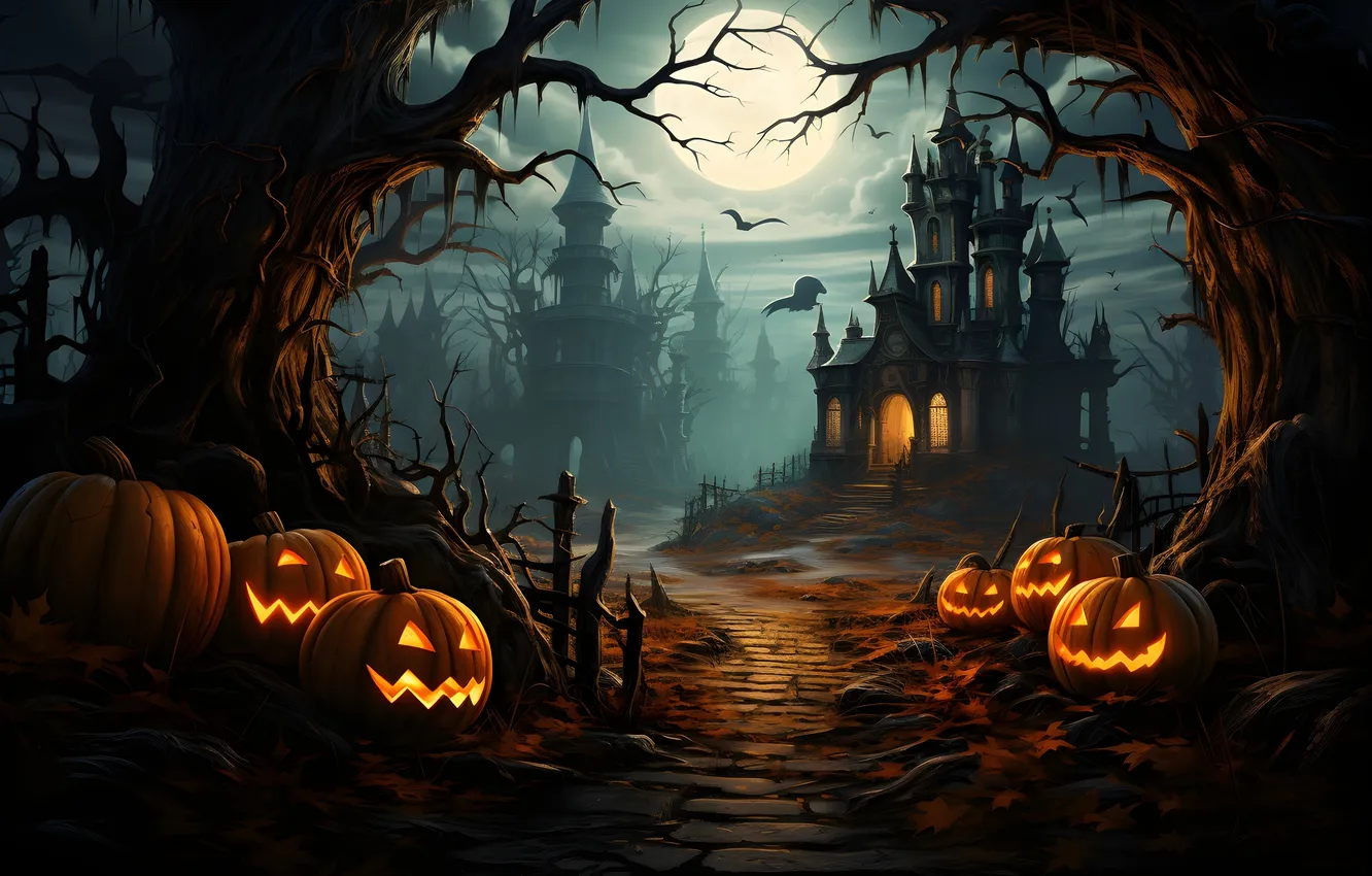 Photo wallpaper trees, night, clouds, lights, the moon, home, Halloween, pumpkin